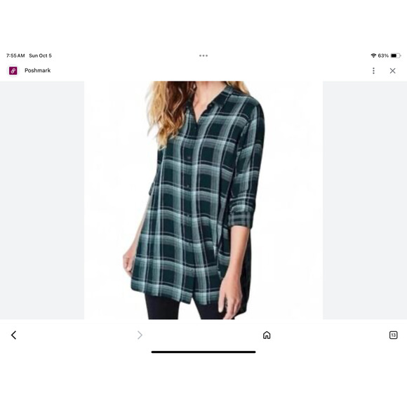 J.Jill Rayon Green Plaid Tunic Button top Pockets womens petite S cowgirl boho - Picture 1 of 10